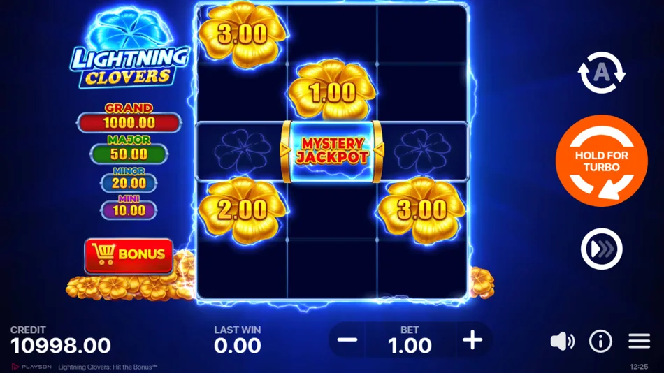Lightning Clovers: Hit the Bonus base game with 3x5 no-lines grid and one special symbol on the reels