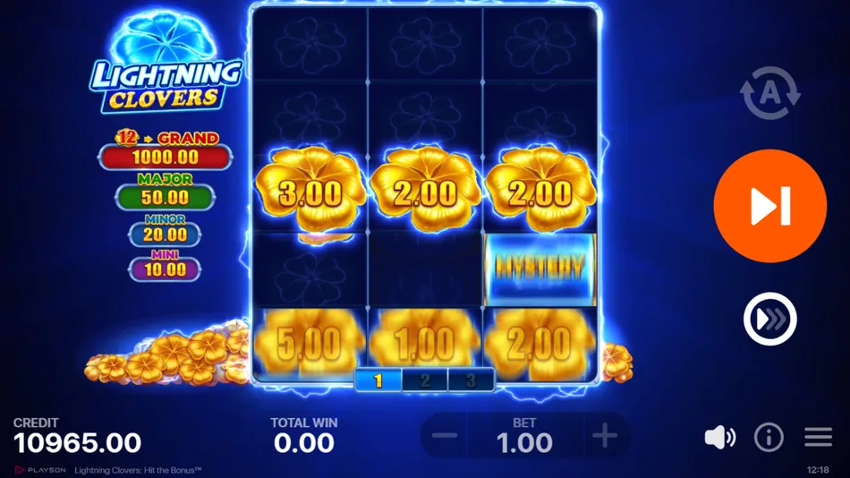 Lightning Clovers Bonus Game start screen showing 3 re-spins granted