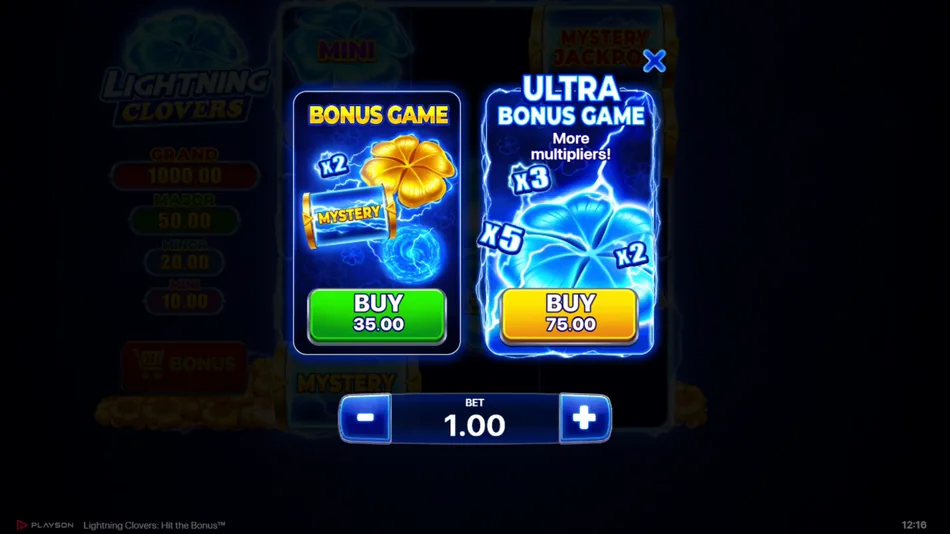 Buy Bonus Game and Buy Ultra Bonus Game selection screen with 35x and 75x prices