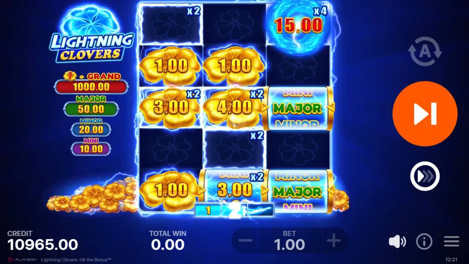 Stacking multipliers on several cells next to Mystery symbols in the Lightning Clovers bonus round