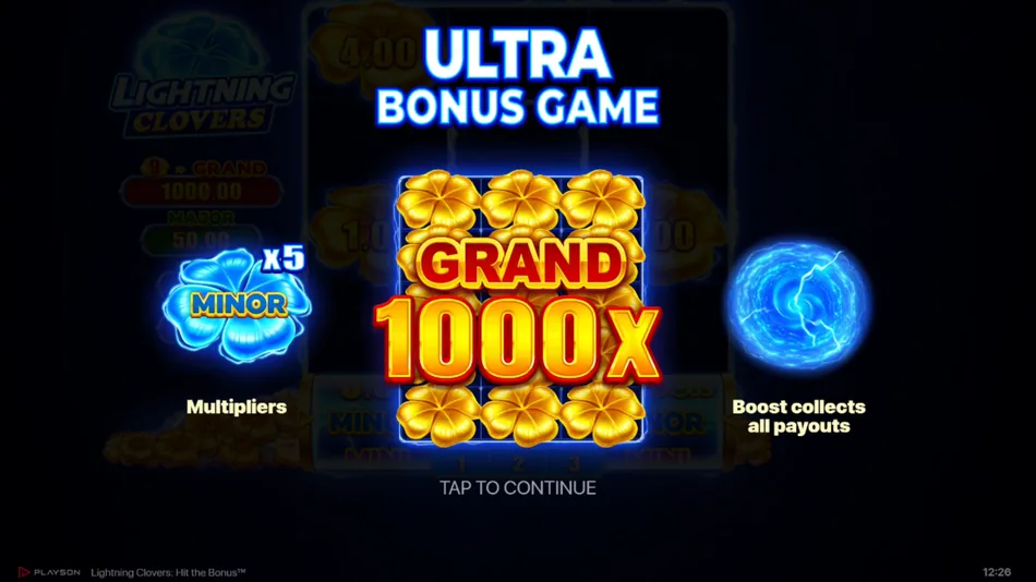 Transition from Main Game to Ultra Bonus Game with extra Bonus and Boost symbols added to the field